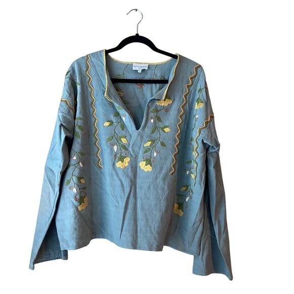 Mi Golondrina Tops - Mi Golondrina Mexico Embroidered Blue Yellow Floral Blouse Huipil Medium